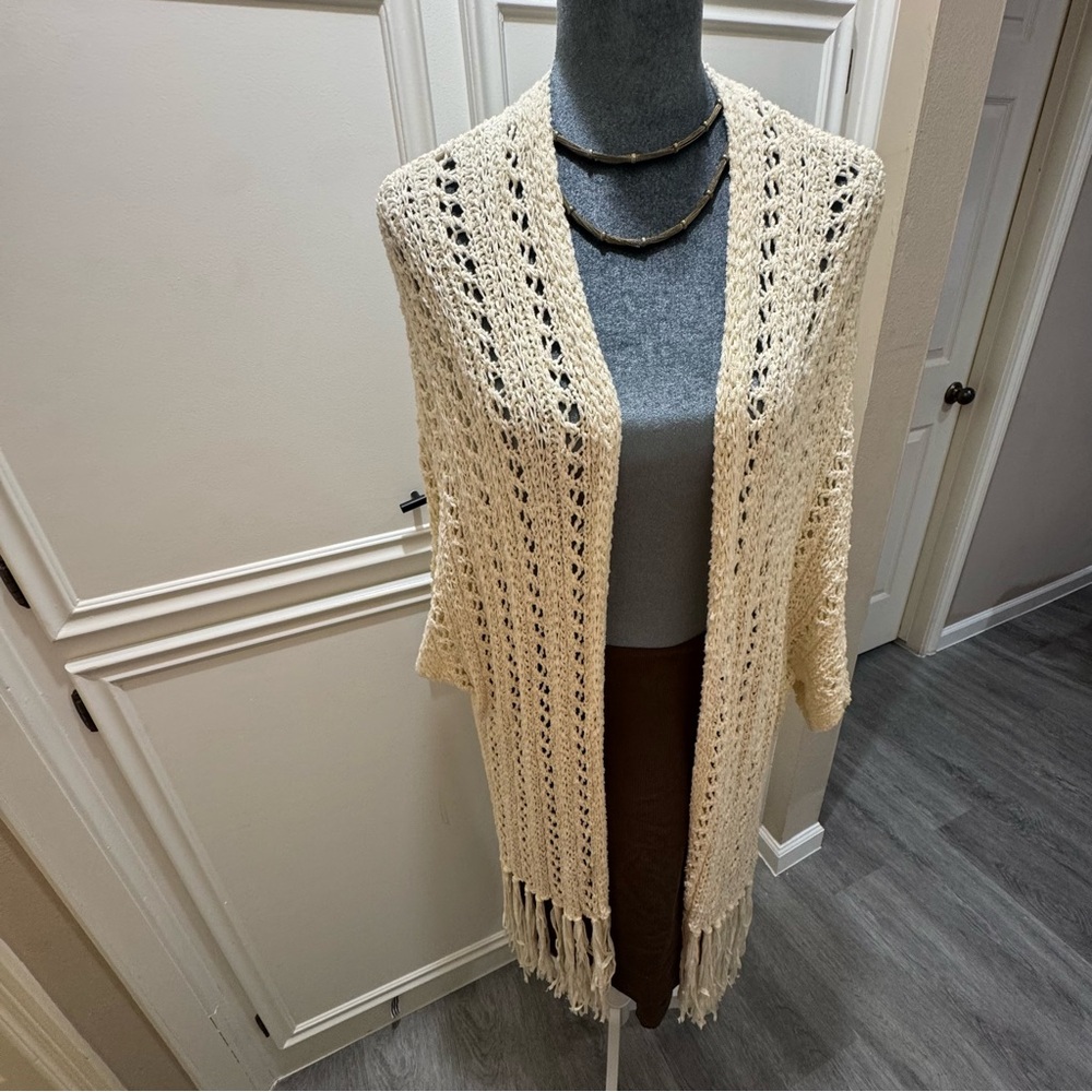 American Eagle Boho Crochet Knit Fringe Cardigan - Cream XS/S